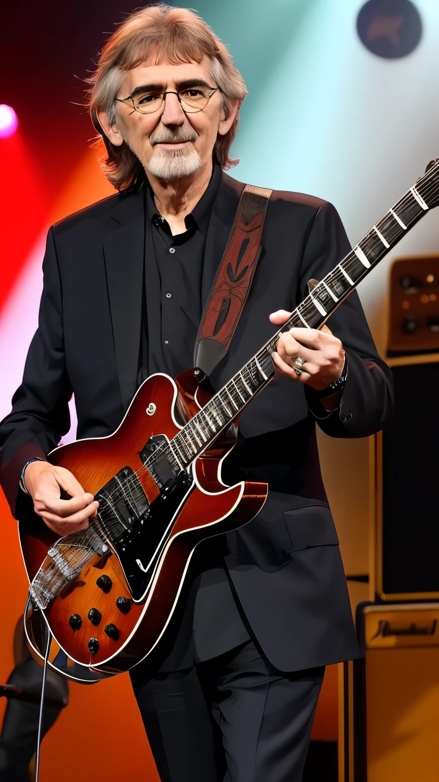 create George harrison featured playing electric guitar , no palco com THE BEATLES, 8K, uhd, realisitic