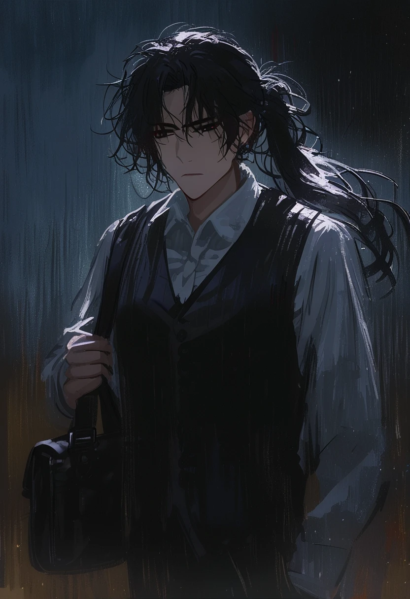 ((adult)), (woman), ((tall)), (Ryoshu from Limbus company), masterpiece, best quality, dark aura, black hair, ((pony tail hair)), (messy hair) , ringed dark eyes, plain white shirt, white shirt, black vest, coat, black pants, carrying a robust leather bag, (faint smile), realistic anime style, (oil painting), dark old manor background, night, impasto.