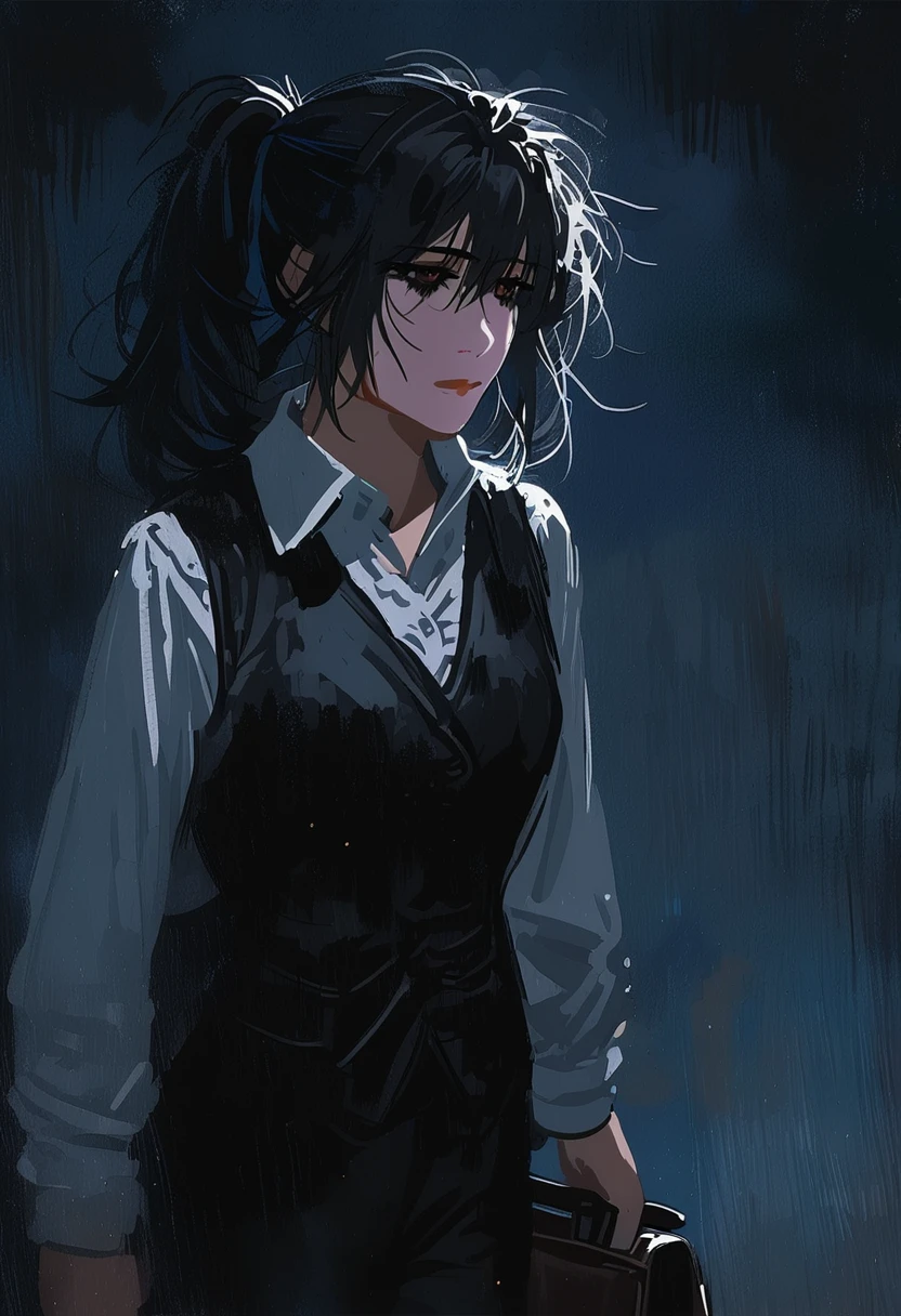 ((adult)), (woman), ((tall)), (Ryoshu from Limbus company), masterpiece, best quality, dark aura, black hair, ((pony tail hair)), (messy hair) , ringed dark eyes, plain white shirt, white shirt, black vest, coat, black pants, carrying a robust leather bag, (faint smile), realistic anime style, (oil painting), dark old manor background, night, impasto.
