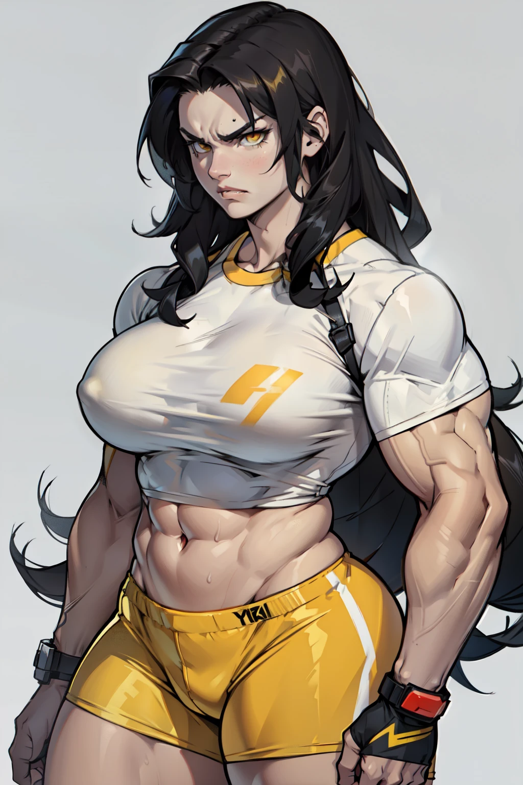 ((1girl)) pale skin large breasts (muscular) toned body thick thighs black hair yellow eyes (long hair grey background) bodybuilder angry tight shirt