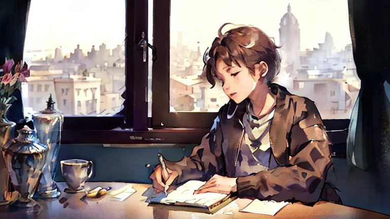 Kizi, 18-years old, light brown hair, greeneyes, estilo rebelde, writing in notebook on your study table, in your room, next to large window overlooking the city. On the table there are 2 books and a cup of tea, your little cat sleeping and on the shelf with books there is a small vase with flowers.