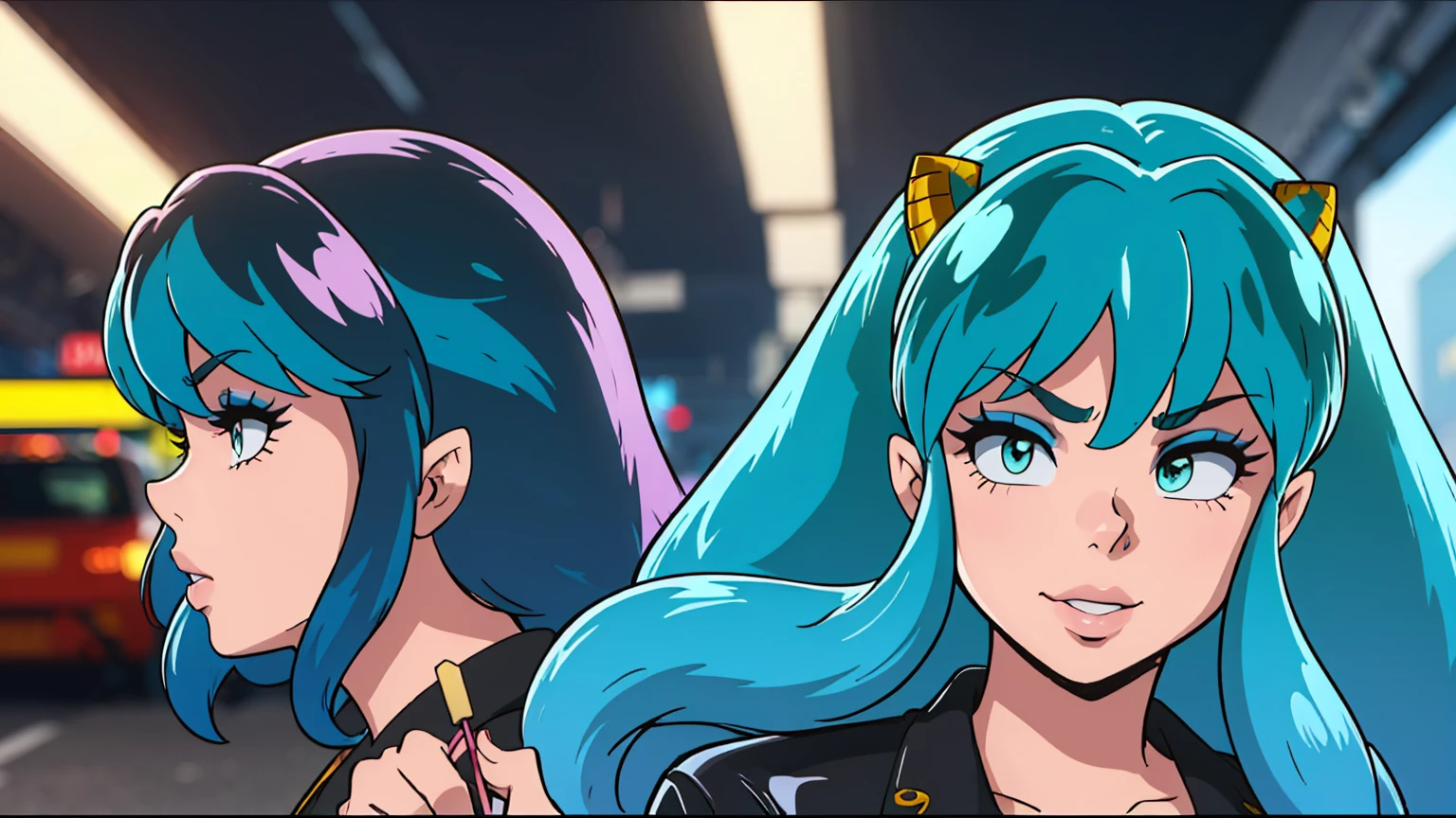 (score_9, score_8_up, score_7_up), lum, 1girl, solo, long hair, bangs, blue hair, blue eyes, aqua hair, tiny horns, eyeshadow, large breasts, looking at viewer, blush, a person riding a motorcycle, no helmet, leather jacket, hair blowing in the wind, on an overpass, neon city lights, left hand on the handlebar, right hand holding a Chupa Chups lolly, (best quality,4k,8k,highres,masterpiece:1.2),ultra-detailed,detailed face and eyes, highly detailed, cinematic lighting, vibrant colors, dramatic atmosphere, motion blur, depth of field, a girl licking a Chupa Chups lolly, pleasure on her face, bliss, mischievous smirk, intricate detailed facial features, high quality, 8k, beautiful detailed eyes, beautiful detailed lips, extremely detailed face, long eyelashes, vibrant colors, warm lighting, cinematic composition, dreamy atmosphere, fantasy, whimsical, magical realism, close up motorcycle, from side, (full body),