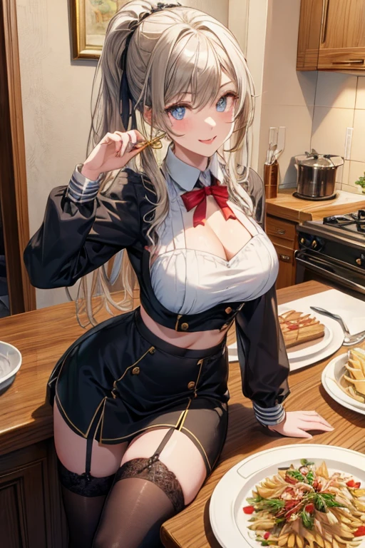 (dynamic angle:1.3, front view:1.1, breast focus:1.3, from above:1.1), (dynamic posing:1.2, sexy posing:1.2), (seductive smiling:1.3), ((holding Pasta on a plate,Taking the pasta out of the pan, worried about the outcome:1.2)),highest quality、(real、photorealistic:1.4),(ultra high resolution, 8K RAW photo, clear focus), best qualtiy, natural lighting, field depth, (Bright pupils, detailed beautiful eyes, high detailed face), Red lip, (tight focus:1.2), a girl 22yo old, Wearing a pastry chef uniform:1.3 , Thicc, thin breast, long hair, blue eyes,garter stocking, cleavage:1.2, midriff, black shorts, black thighhighs, thigh strap, pretty girl, (highly detailed beautiful face and eyes,firm breasts),real skin,((black,hair,long pony tail hair)),thin pubic hair,cute,lovely, detailed eyes,(double breasted:1.0,under bust:1.0),(with sparkling eyes and a contagious smile),open mouth, Looking at Viewer,A scene of make cooking Cakes in the kitchen
