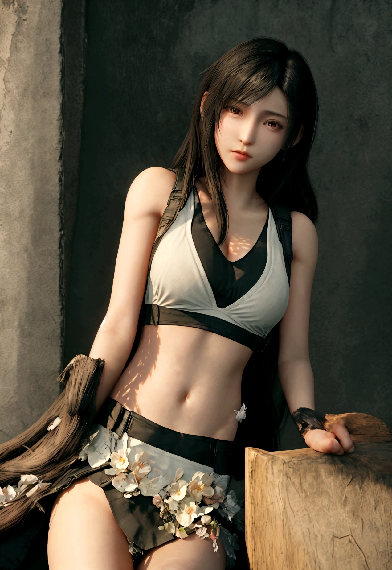 (Realistic: 1.4), 最high quality, Very delicate and beautiful, High resolution,masterpiece, 最high quality, 超High resolution, (Realistic:1.4), Detailed beautiful face, , 1 black man, 1 girl, Tifa_Lockhart, Final Fantasy VII Remake, Stunning European Women,Cowboy Shot, suspenders, Low rise, Black mini skirt, Black border white tank top, Tense shirt, Black Hair, Long Hair, Sexy Body, small Beautiful breasts, Very beautiful and shining eyes,Beautiful feet, So cute, Close-upポトレイト, A lovely girl with a perfect face and soft skin., Perfect Face, ((small breasts))),Tight waist,Chainetter、thigh、In the dungeon,Complete diagram, Shapely hips, 8k resolution,surreal,Ultra-detailed,high quality, (small teardrop chest,  small breasts cleavage)， tit， Close-up, A broad perspective