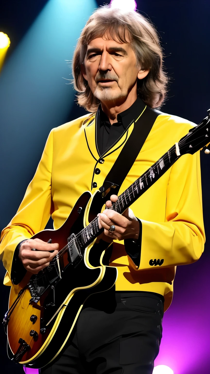create George harrison featured playing electric guitar , no palco com THE BEATLES, 8K, uhd, realisitic