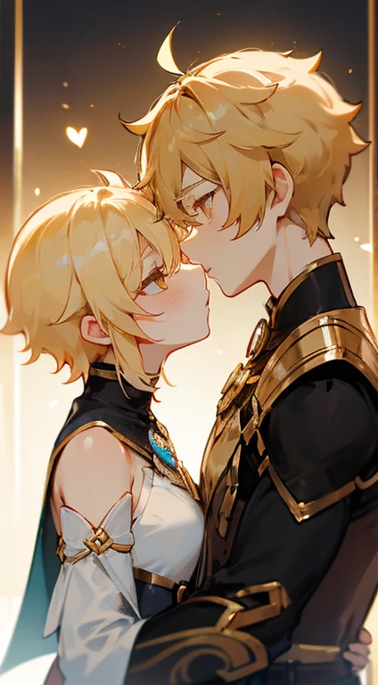 Aether from Genshin Impact. Blonde short hair. 1boy. Golden eyes. kissing a female.
