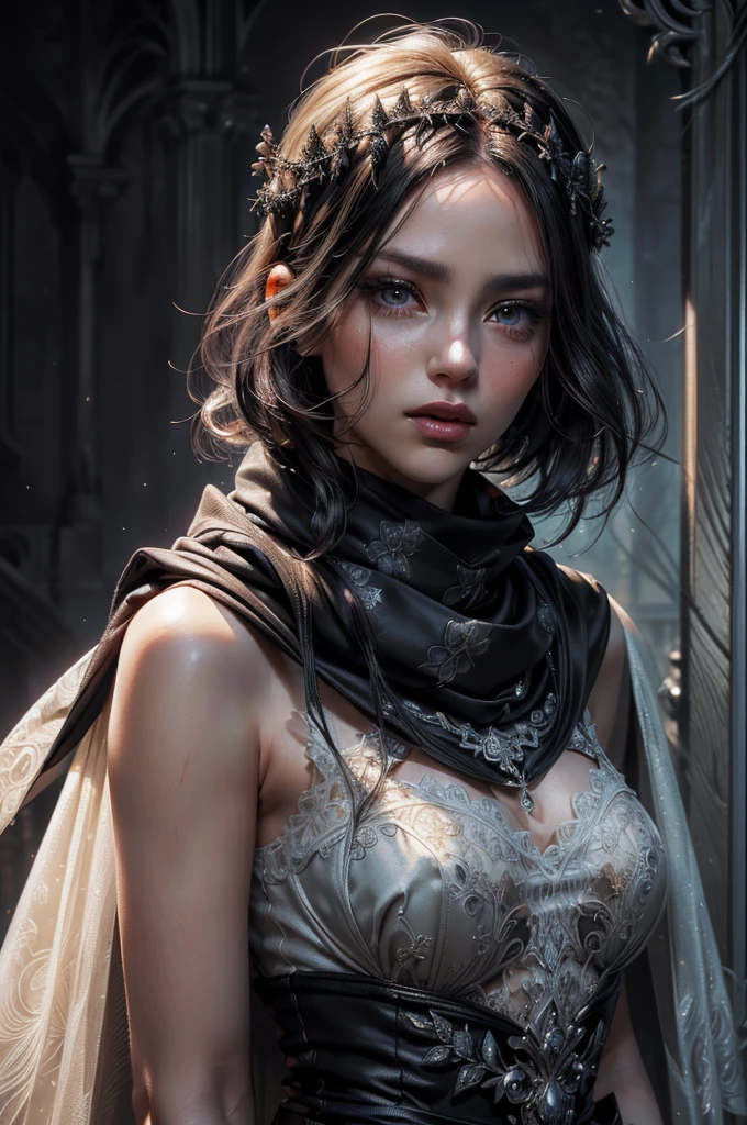 beauty girl, piel realista blond hair claro (Masterpiece), Best Quality, (((in hyper-realistic and detailed vines, ethereal aesthetic style cape and scarf))), Intricate perfect beauty face (((Hyper-realistic and detailed short black hair.))), Sharp and detailed expressive eyes, (((from face to waist))), (((beauty slim shape))), 4k, UHD (blond hair)