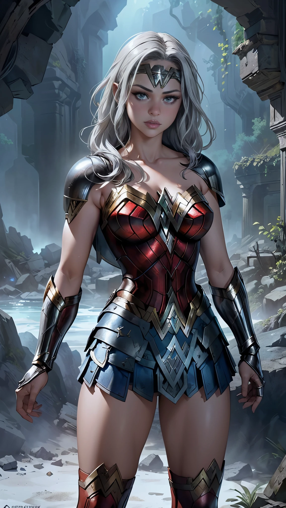 (La Best Quality,A high resolution,ultra-detailed,actual),Selena Gomez con falda corta de cuadros blanca shein , and a white plaid crop top , ,(Ruined dungeon ruins background:1.4 ),(White gray hair :1.4), 8K more detailed.unreal engine:1.4,UHD,La Best Quality:1.4, photorealistic:1.4, skin texture:1.4, Masterpiece:1.8,first job, Best Quality,object object], (detailed facial features:1.3),(The correct proportions),(beautiful blue eyes),  (cowboy pose),( Selena Gomez :1.4), (shein white plaid short skirt :1.4), Estilo de epic fantasy art HD, 4K fantasy art, epic fantasy digital art style, epic fantasy art style, fantasy woman, epic fantasy art portrait, epic fantasy style, hyperrealistic fantasy art, fantasy art in high definition, Epic fantasy character art., epic fantasy art, in dark fantasy art style, epic fantasy digital art, (perfect anatomy :1.4), (amazon warrior style :1.4), (background large wild plants :1.4), (black buffalo leather style :1.4), (background large stones cave cavern lava :1.4), (fantasy spooky enchanted forest night :1.4), (armadura wonder woman white :1.4), (armadura wonder woman V2.1) 