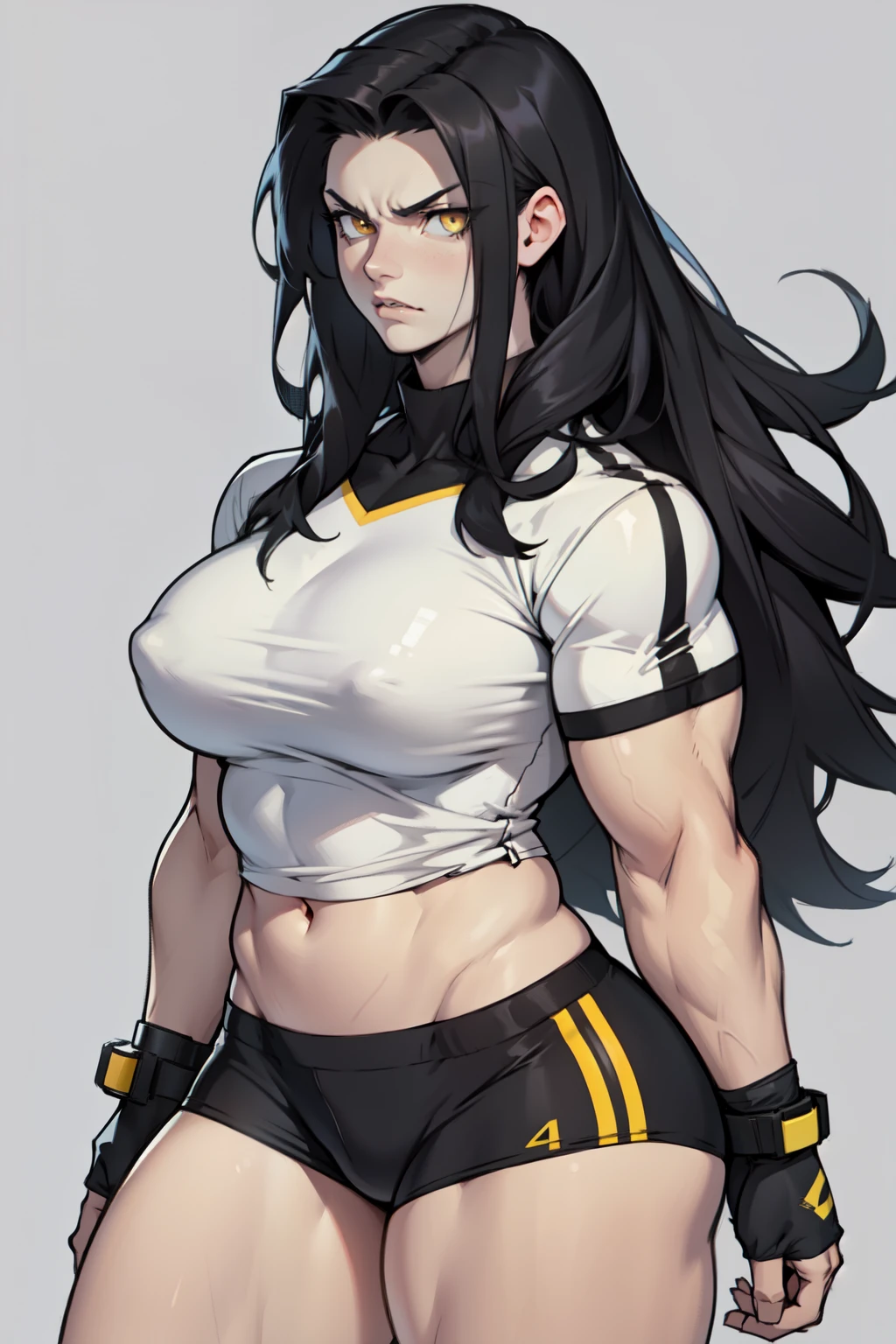 ((1girl)) pale skin large breasts (muscular) toned body thick thighs black hair yellow eyes (long hair grey background) bodybuilder angry tight shirt