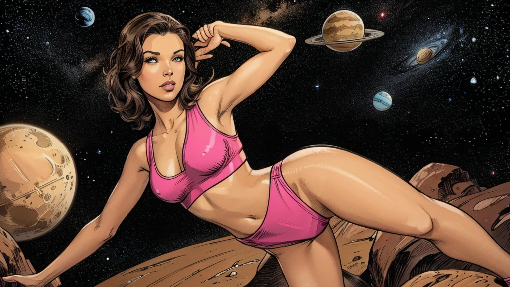 a cute, slender, aerobics instructor, very short STRAIGHT brown hair, very short STRAIGHT brown hair, very short STRAIGHT brown hair, very short STRAIGHT brown hair, very short STRAIGHT brown hair, brown eyes, dimples, sexy pose; in an alien environment, space, planets, spaceships, creatures, tentacles, retro comics 1950s, neon colors, lots of bright popping colors, bright, contrasting colors