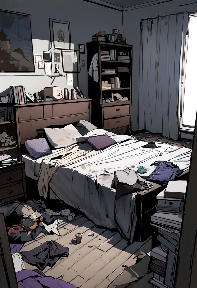 (best qualityer,4K,high resolution,work of art:1.2),ultra detali,realisitic:1.37,a messy room with no one in it, mismatched socks under the bed, Purple pants on the floor, the desk drawer full of papers and books, dirty clothes scattered around the room, dusty atmosphere, Poor lighting, a disorganized room, neglected plants in the corner, Stacks of unfolded clothes, a cluttered bookshelf full of books and knick-knacks, a half-open window with tattered curtains, a messy bed with crumpled sheets, art supplies scattered on the table, a cracked mirror reflecting chaos, a dark and chaotic atmosphere, a forgotten teddy bear lying on the floor, unfinished drawings spread across the walls, Scattered coffee cups and empty snack wrappers, a broken lamp on the bedside table, an old, worn-out rug on the floor, a moody color palette with muted tones, a feeling of neglect and disorder.