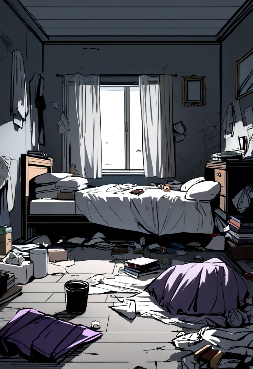 (best qualityer,4K,high resolution,work of art:1.2),ultra detali,realisitic:1.37,a messy room with no one in it, mismatched socks under the bed, Purple pants on the floor, the desk drawer full of papers and books, dirty clothes scattered around the room, dusty atmosphere, Poor lighting, a disorganized room, neglected plants in the corner, Stacks of unfolded clothes, a cluttered bookshelf full of books and knick-knacks, a half-open window with tattered curtains, a messy bed with crumpled sheets, art supplies scattered on the table, a cracked mirror reflecting chaos, a dark and chaotic atmosphere, a forgotten teddy bear lying on the floor, unfinished drawings spread across the walls, Scattered coffee cups and empty snack wrappers, a broken lamp on the bedside table, an old, worn-out rug on the floor, a moody color palette with muted tones, a feeling of neglect and disorder.