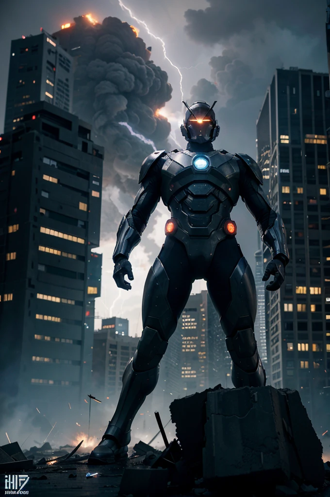 Picture a ruined futuristic city with tall buildings mostly damaged and collapsed. In the background, the sky is red with dark clouds and lightning strikes, signifies the atmosphere of the end of time. In the middle of the city, there is a hero standing proudly on top of the rubble, wears a super advanced tech costume with blue and silver light elements that emit rays. In the hands of the hero, there are futuristic weapons that shine brightly. Around him, You can see explosions and battles between combat robots and alien troops attacking the city. Title "supernova: Warrior in the End Times" written in a silver futuristic font with a light effect, placed at the top of the cover.