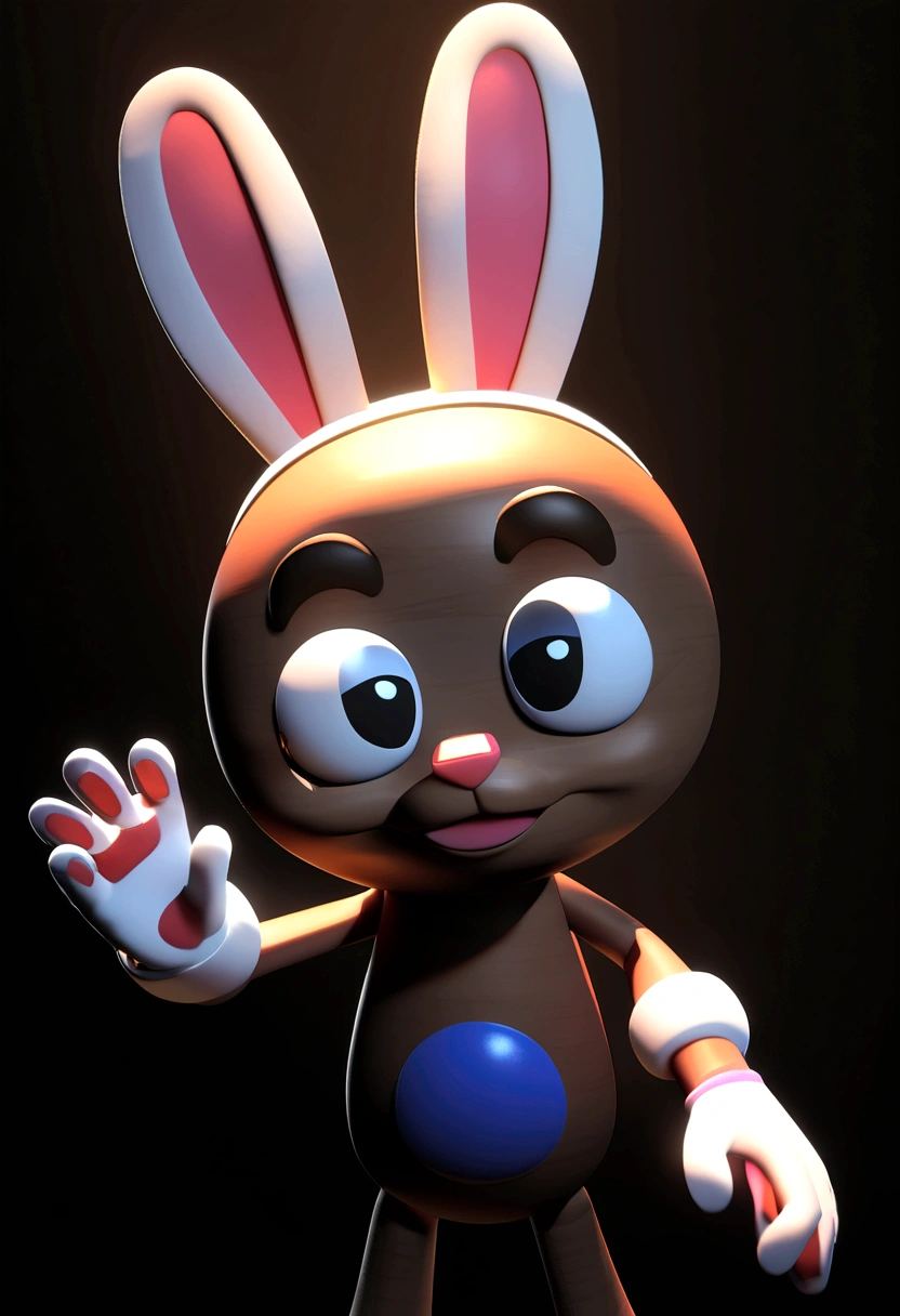 3d cartoon character of a rabbit with playful pixar style gloves with a dark wood background
