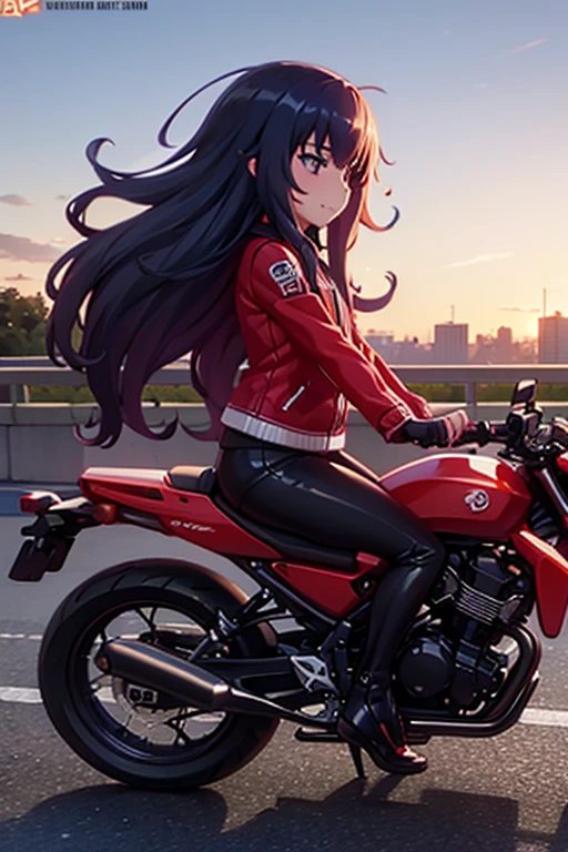 ultra detailed, Masterpiece, Best Quality,1 girl, long hair, rubio, sunset, evil smile, conduciendo motorcycle, high speed, city street, girl focus,riding vehicle, red rider costume, serow250, motorcycle, shadow, logo, With the wind against