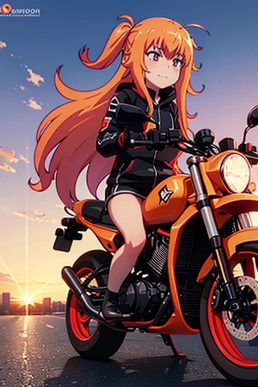 ultra detailed, Masterpiece, Best Quality,1 girl, long hair, rubio, sunset, evil smile, conduciendo motorcycle, high speed, city street, girl focus,riding vehicle, red rider costume, serow250, motorcycle, shadow, logo, With the wind against