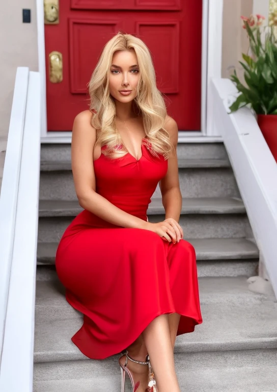 a close up of a woman in a Red dress sitting on a stair, Irina Nordsol Kuzmina, Yelena Belova, sexy Red dress, ekaterina, blonde goddess, Anna Nikonova aka Newmilky, Red dress, in a Red dress, Dasha Taran, blonde red door, wearing Red dress, a beautiful blonde, Victoria Gavrilenko