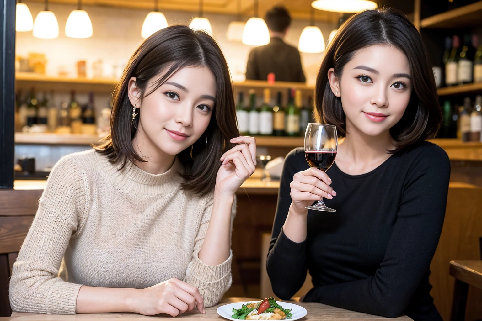 ((Highest quality、8K、masterpiece:1.3))、Yuuko Araki、slimカップル、ピンクmodelカップル、(Realistic, Intricate details:1.2), full-course dinner、Wine Party、Amazing view of the sunset sky and clouds、A bright smile、The wonderfulness of smile、Bright image、The beauty of wine, Beautiful Face, blue eyes, The light shines on your face, Blushing, short hair,Bright Face、42 years old), 39 years old, red wine 、Appetizers、Italian food、Wine bottle、Champagne、sparkling wine、Two beauties、Brown Hair、Shortcuts、Long sleeve shirt、dress、Beautiful woman 1, (slimな顔), (The body is slim), (Brown Hair), (Shortcuts), cheeks turn a little red,Attractive beauty、restaurant, In a prominent place (From the waist up) Nova Frog Style, actress, model, Upper Body, White wine, slim, wine glass, 中央に置かれたwine glass, smile, (smile: 1.15), Beautiful fine grain, Depth f/2,saturation, High Contrast, Strong light and shadow,Moist Body:1.5、3D texture、Delicate eyes、Brown Hair、The hair is very shiny、