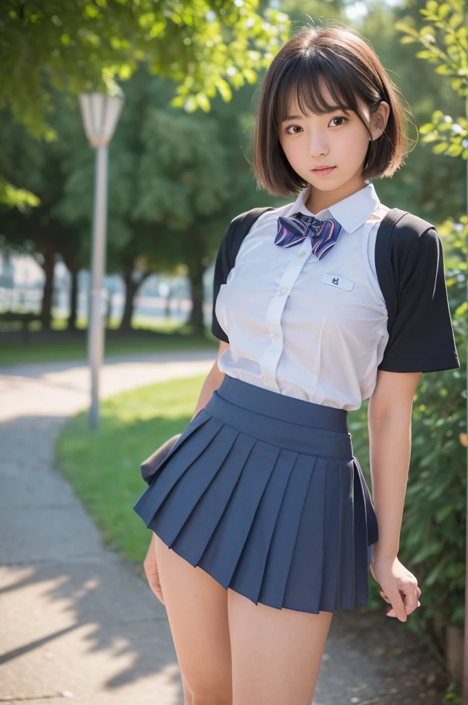 18-year-old female, Long Hair, RAW Photos, Bokeh (realism: 1.4, Realistic), High-definition CG integrated 8K wallpaper, One girl, ((The body is slim: 1)), (Small breastss: 1), Back to viewers, ((Direct view from the front)), (high qualityスキン: 1.4), 8K Ultra HD, Digital SLR, Soft Light, high quality, Film Grain, Fujifilm XT3, ((school uniform, Short skirt,The open skirt is visible through:1.5)), ((Outdoor, at the park))) Janju, Portraiture,((Layered Short Haircut, Black Employment,Small breasts:1.2)),(View your viewers:1.4),(whole body:1.8)