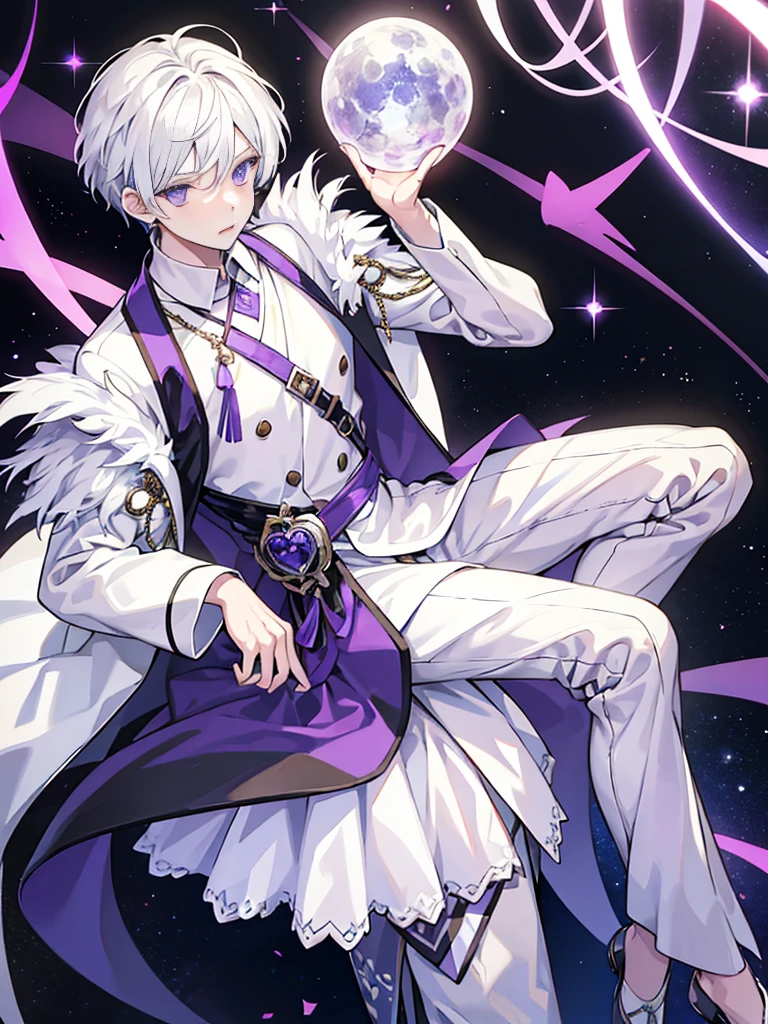 1boy, white hair, beautiful boy, purple eyes, dress, idol costume, white clothes