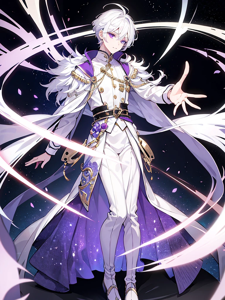 1boy, white hair, beautiful boy, purple eyes, dress, idol costume, white clothes