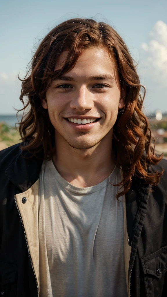 Young man with curly red hair,  brown eyes and full mouth smiling and looking at the horizon 