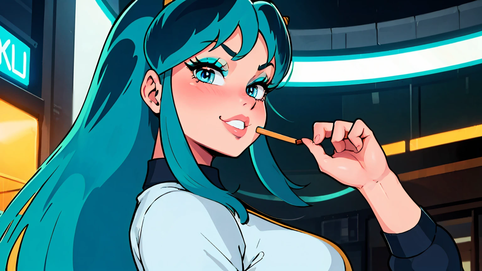 (score_9, score_8_up, score_7_up), lum, solo, long hair, bangs, blue hair, blue eyes, aqua hair, tiny horns, eyeshadow, large breasts, looking at viewer, blush, a person riding a motorcycle, no helmet, leather jacket, hair blowing in the wind, on an overpass, neon city lights, left hand on the handlebar, right hand holding a Chupa Chups lolly, (best quality,4k,8k,highres,masterpiece:1.2),ultra-detailed,detailed face and eyes, highly detailed, cinematic lighting, vibrant colors, dramatic atmosphere, motion blur, depth of field, a girl licking a Chupa Chups lolly, pleasure on her face, bliss, mischievous smirk, intricate detailed facial features, high quality, 8k, beautiful detailed eyes, beautiful detailed lips, extremely detailed face, long eyelashes, vibrant colors, warm lighting, cinematic composition, dreamy atmosphere, fantasy, whimsical, magical realism, close up motorcycle, from side, (full body),