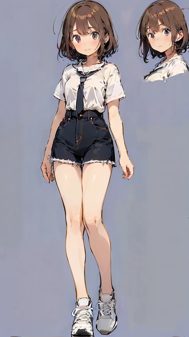 ((masterpiece)),(((Highest quality))),((Character design sheet)),Thin thighs,Long legs,Girl in stylish clothes:1.5,The best smile:1.5,Full Body Shot:1.5,Gray background:1.5,Wearing sneakers:1.5,short side wave:1.5,