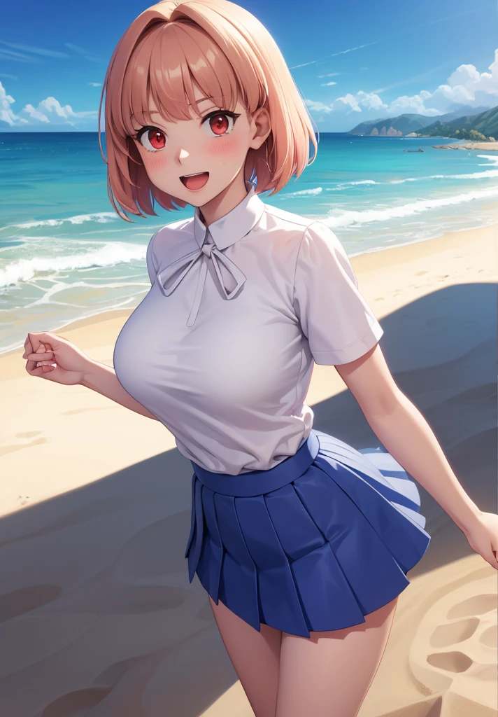 masterpiece,best quality,Arcueid,red eyes,short hair,1 girl,solo,skirt,breasts,looking at viewer,open mouth,white blouse,blue skirt,blouse,outdoor blouse,short blouse,big breasts,pleated skirt ,miniskirt,:d,day,beach,sand,sun,blush,