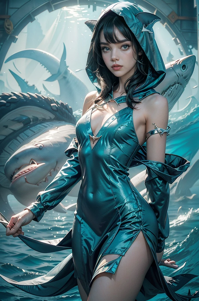 (((best quality))),(((ultra detailed))),(((masterpiece))),illustration,(1 beautiful girl,shark girl,solo),((slim,thin,small breasts,flat chest)),aquarium,summer night,(sleek shark-hooded dress:1.3),shimmering hues,enchanting aura,(shoulder length straight bob hair:1.2),ocean-blue locks,shiny seaweed,porcelain skin,neon lights,emerald eyes,sharp gaze,delicate shark fin,translucent membrane,dancing fish,vibrant colors,undulating water,salty scent,distant waves,coral reef,gentle shadows,serene ambiance,electric atmosphere,Alezandra,oceanic magic,allure,enchantment,vision,extraordinary presence