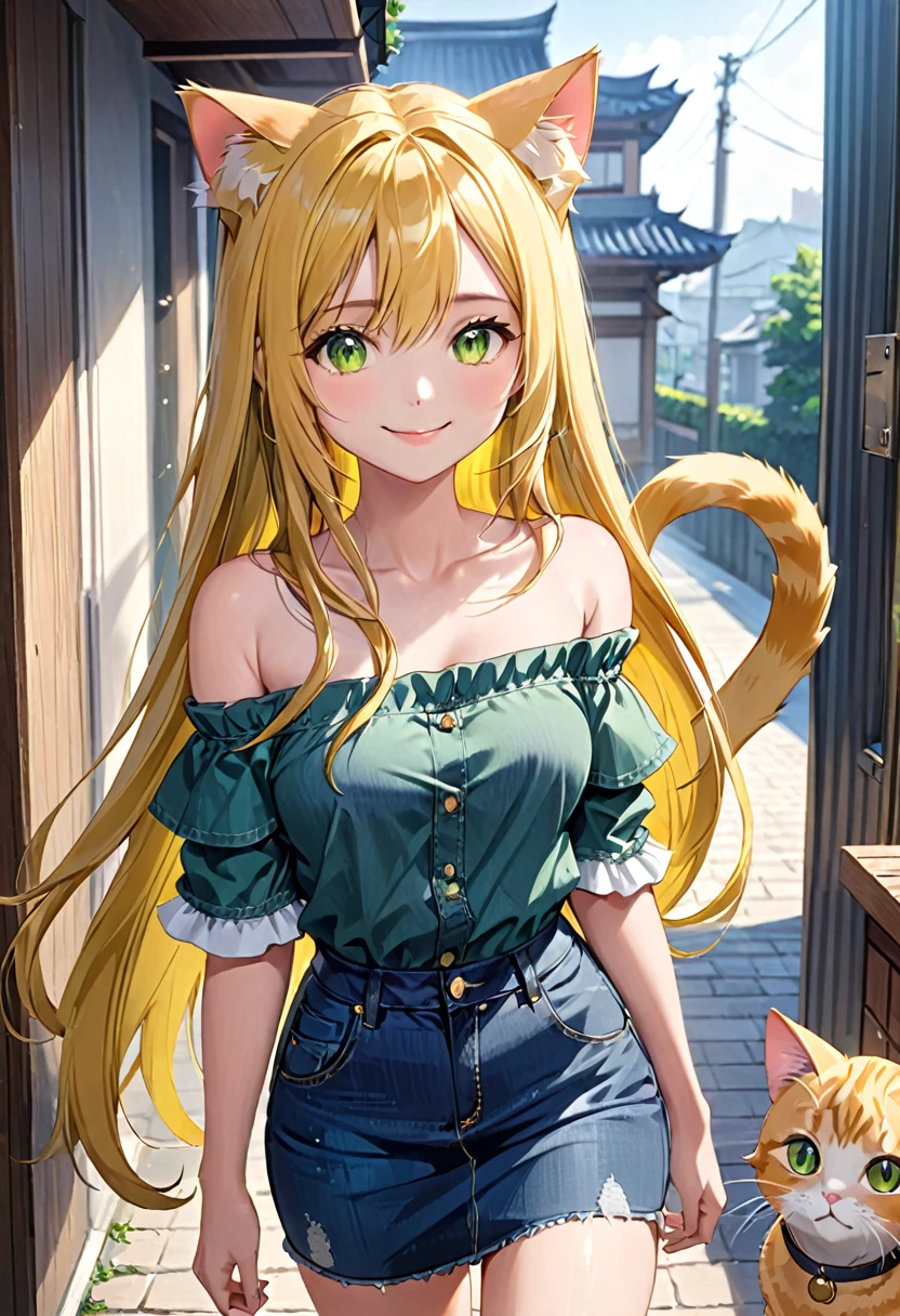 (( straight face picture )) ((best quality)),  ((Masterpiece)), (details), Young woman,  cat ears , yellow hair , green eyes , long hair , Yellow off-the-shoulder dress , jeans skirt , has a tail , smile,