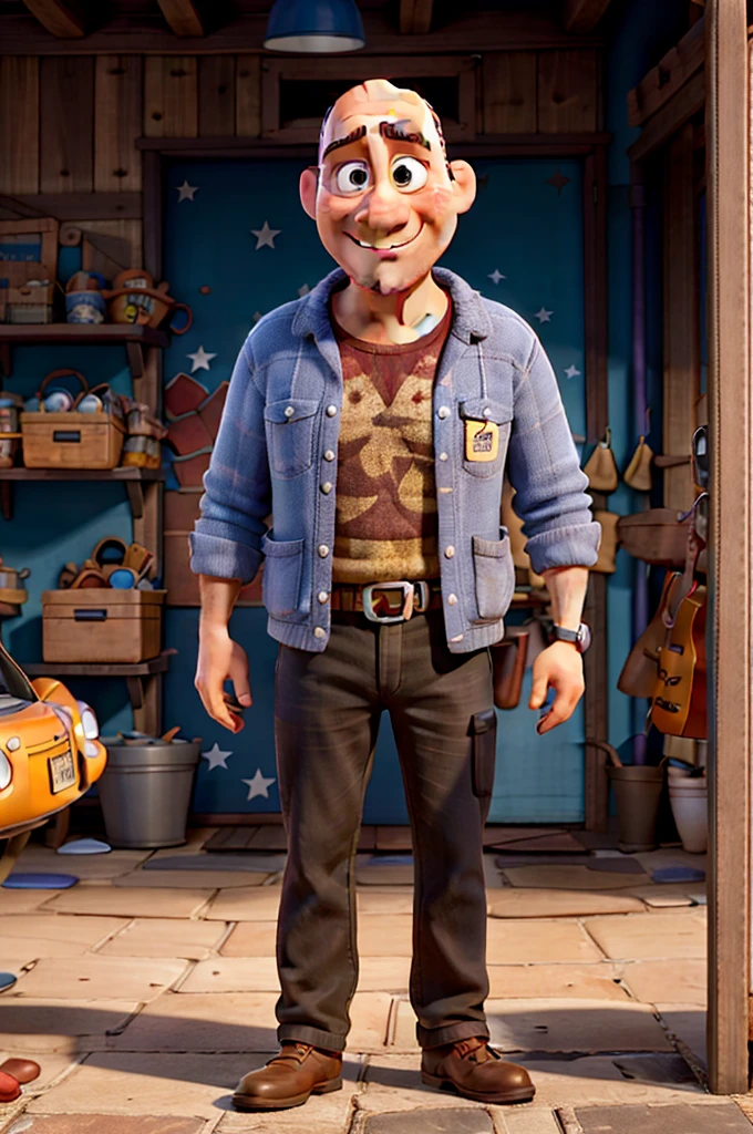 A 38 year old man, bald Disney Pixar style,
 high qualiy, 
clothing salesman


