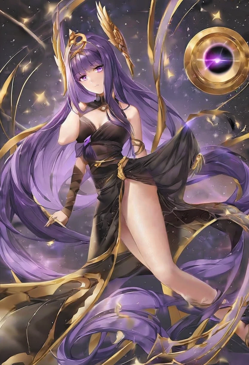 Goddess Athena，Extra long purple hair，Purple Eyes，Wearing black silk，Black and purple skirt，And it is decorated with gold stripes，There is no decoration on the head，A black hole in the universe，Purple and black black hole