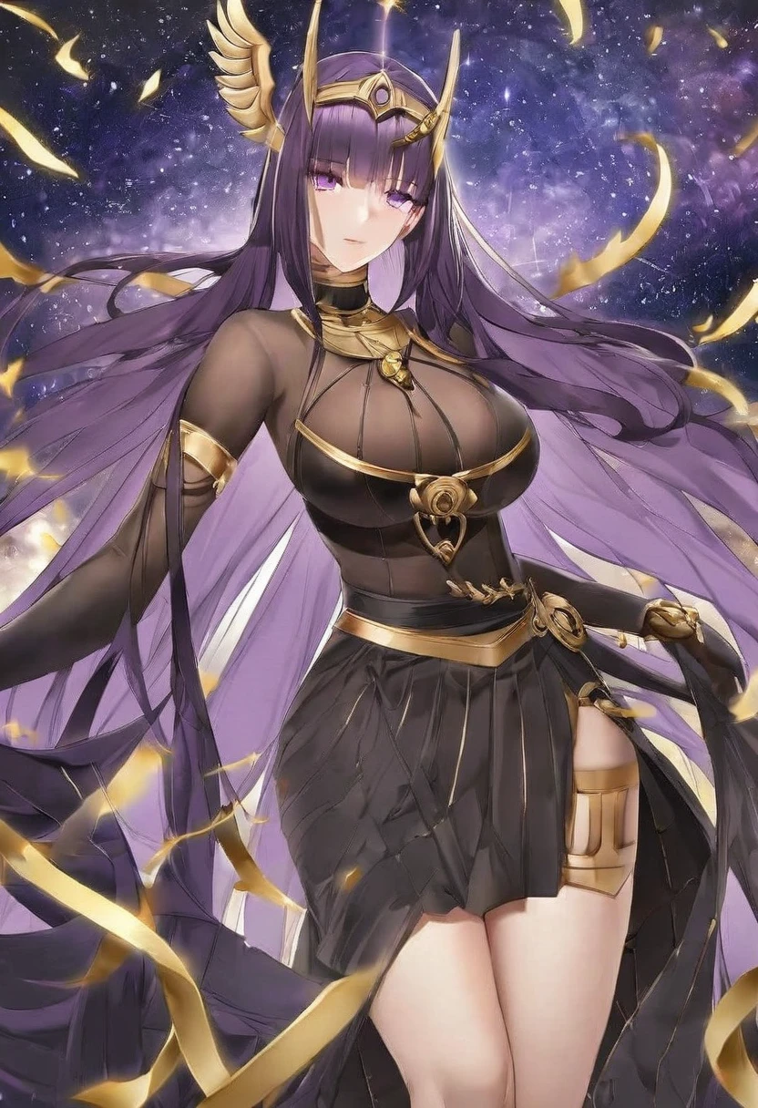Goddess Athena,Extra long purple hair,Purple Eyes,Wearing black silk,Black and purple skirt,And it is decorated with gold stripes,There is no decoration on the head,A black hole in the universe,Purple and black black hole