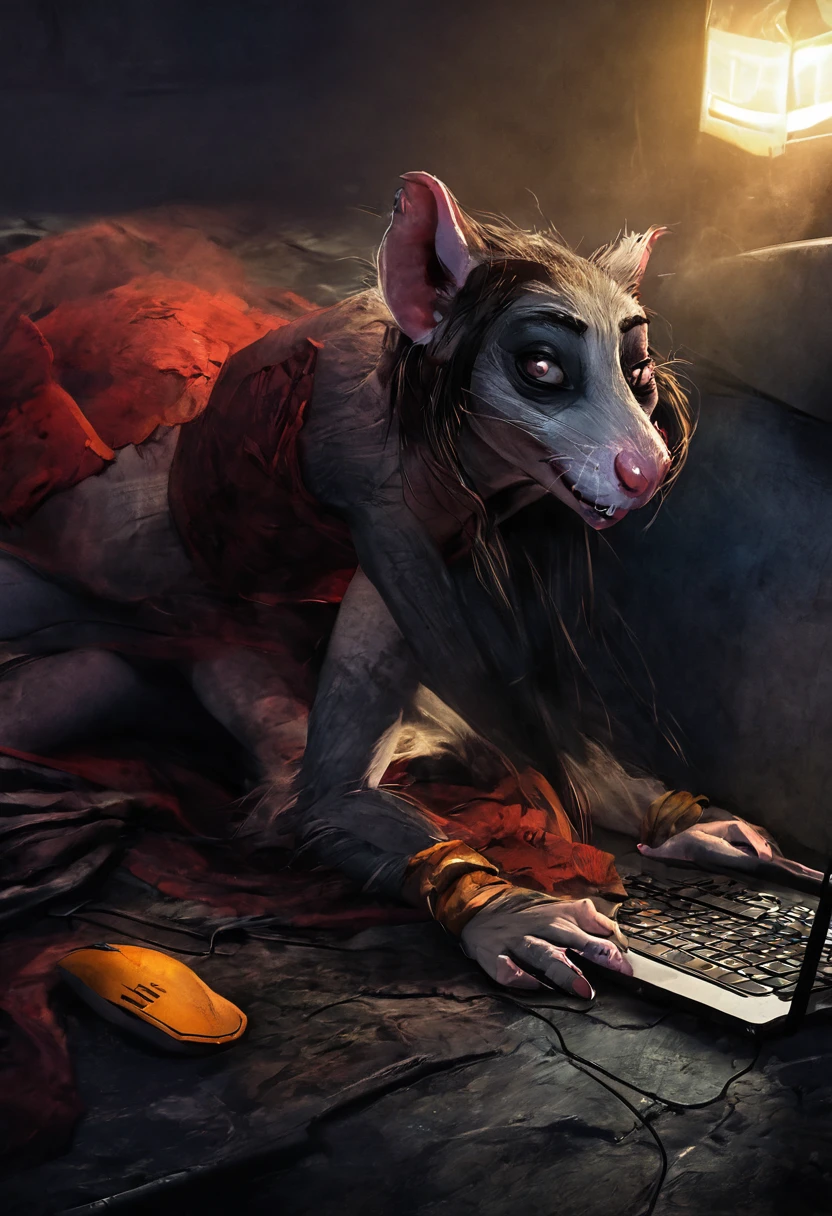 A rat woman, playing Dead By Daylight on a gaming computer