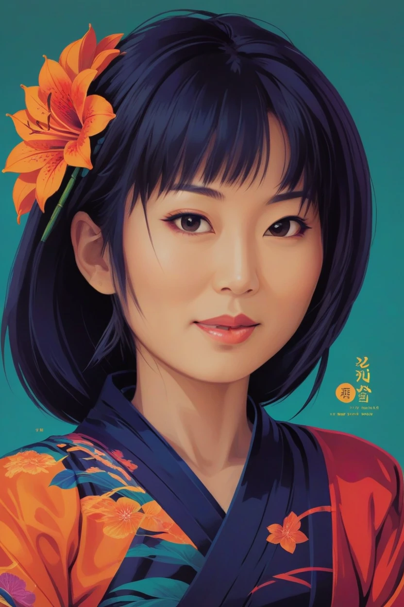 concept poster a 30 years jAPANESE WOman, full body portrait at amazon lily . digital artwork by tom whalen, bold lines, vibrant, saturated colors, detailed face,ceo