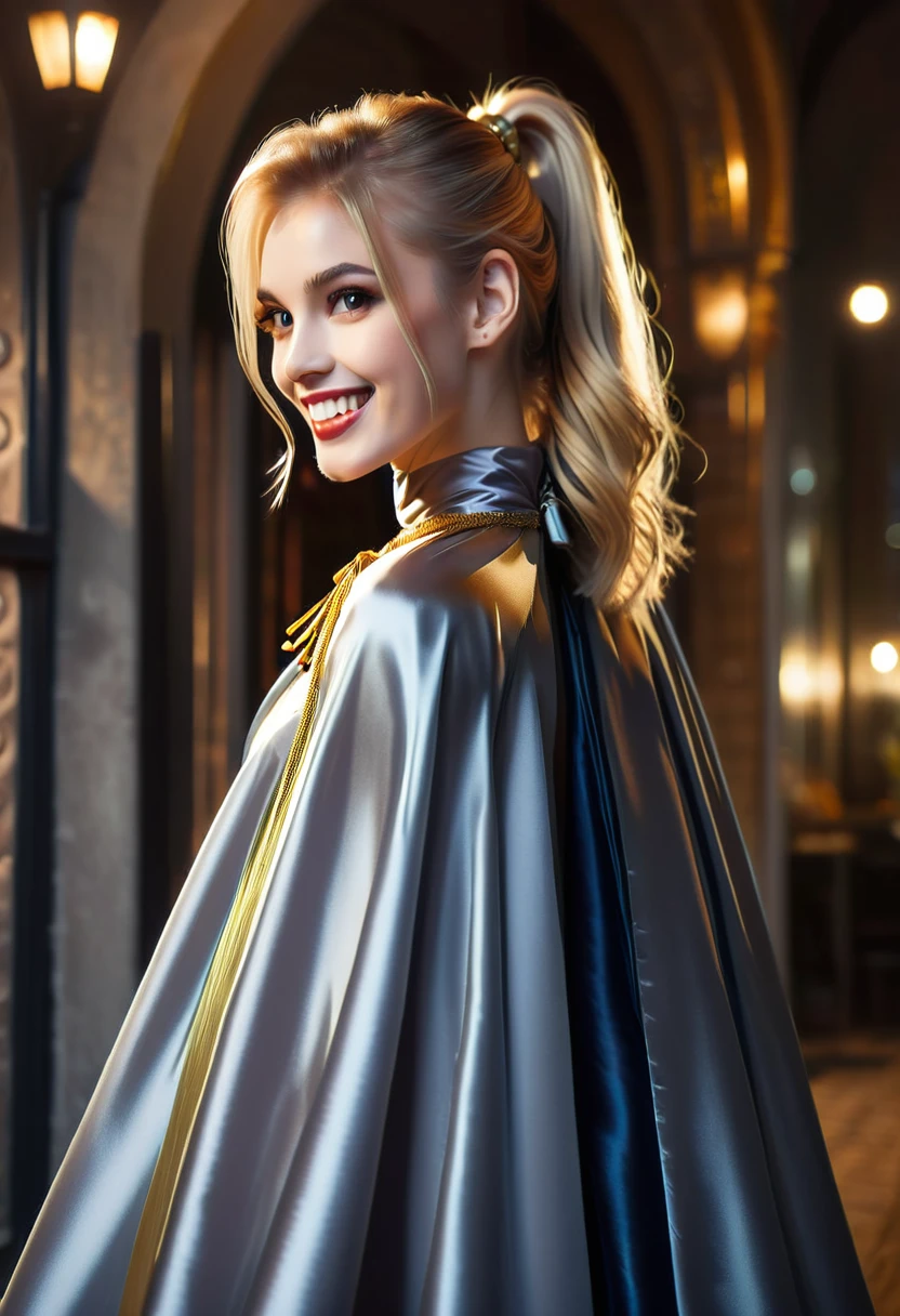 Vampyfangs1,(RAW photo) , 1girl, cute, 20 years old, long blonde hair in ponytail, smiling, look at viewer, ((((silver and gold lined satin cape tied at the neck)))+++, side spilt skirt , photo, realistic, best quality, hires, detailed face, detailed background, diffused lighting, depth of field, bokeh