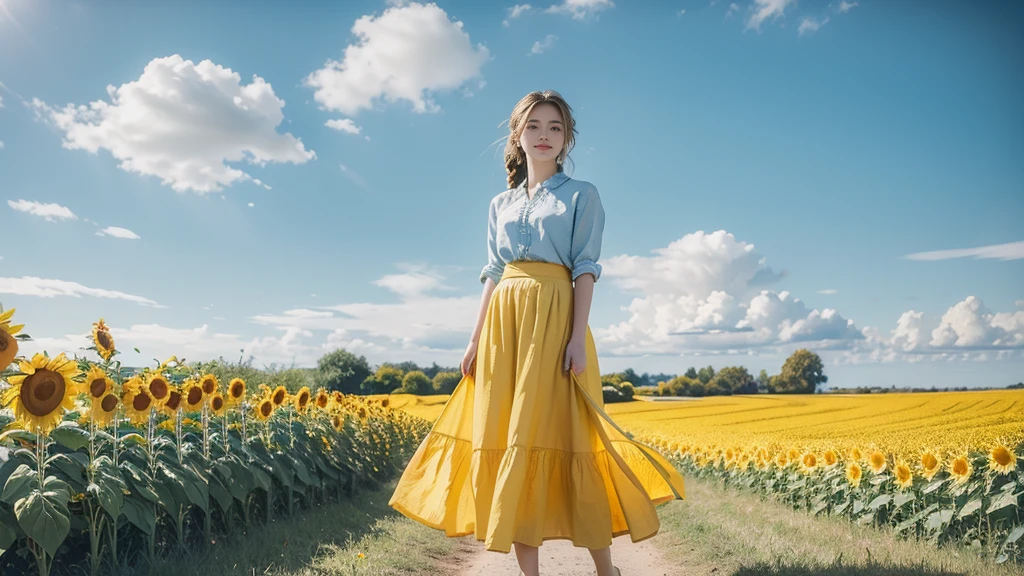 (((best quality))), (((ultra detailed))), (((masterpiece))), illustration, a picturesque scene of a beautiful Ukrainian girl standing amidst a field of sunflowers, short braided blonde hair, ((vibrant blue shirt,Maxi bright yellow skirt)), complementary attire, horizon as backdrop, brilliant shade of clear blue sky, stark contrast with yellow flowers, sea of yellow sunflowers, girl's presence adds intimacy, striking features, sharp piercing eyes, warm kindness, subtle smile, gentle nature, simplicity of beauty, natural setting, yellow dress cascading to ankles, fluttering in gentle breeze, short braids tied with colorful ribbons, playfulness, beauty in simplicity, girl standing out against vivid backdrop, harmonious fusion of nature's splendor and human grace, viewer captivated by girl's beauty, serenity of sunflower field, invites imagination of tranquility, away from chaos of everyday life, reminder of inherent beauty in world around us, waiting to be discovered