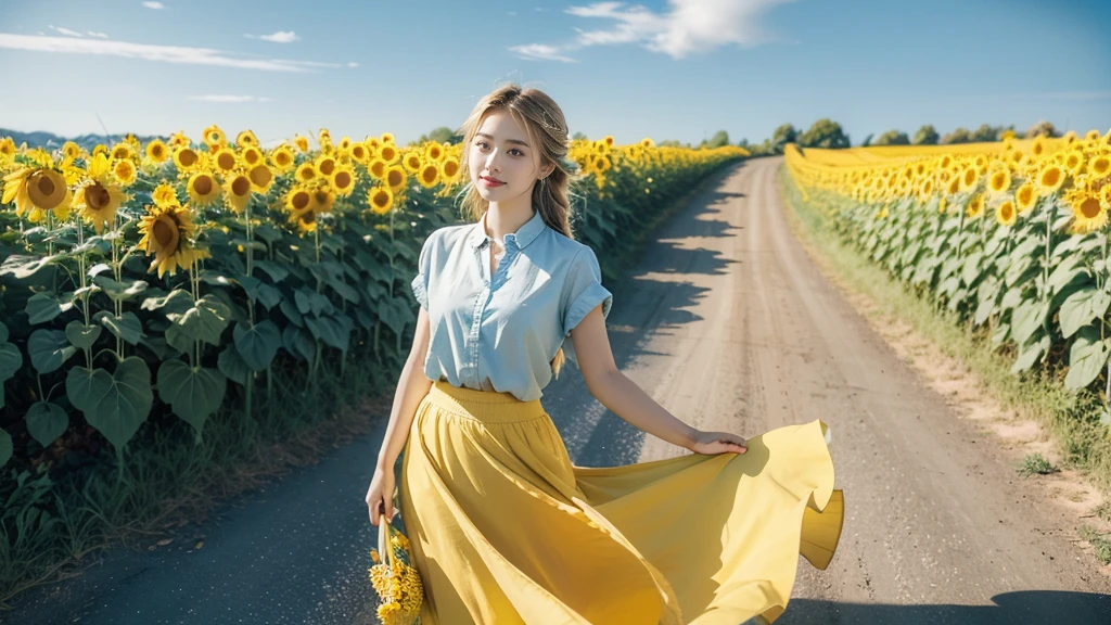 (((best quality))), (((ultra detailed))), (((masterpiece))), illustration, a picturesque scene of a beautiful Ukrainian girl standing amidst a field of sunflowers, short braided blonde hair, ((vibrant blue shirt,Maxi bright yellow skirt)), complementary attire, horizon as backdrop, brilliant shade of clear blue sky, stark contrast with yellow flowers, sea of yellow sunflowers, girl's presence adds intimacy, striking features, sharp piercing eyes, warm kindness, subtle smile, gentle nature, simplicity of beauty, natural setting, yellow dress cascading to ankles, fluttering in gentle breeze, short braids tied with colorful ribbons, playfulness, beauty in simplicity, girl standing out against vivid backdrop, harmonious fusion of nature's splendor and human grace, viewer captivated by girl's beauty, serenity of sunflower field, invites imagination of tranquility, away from chaos of everyday life, reminder of inherent beauty in world around us, waiting to be discovered