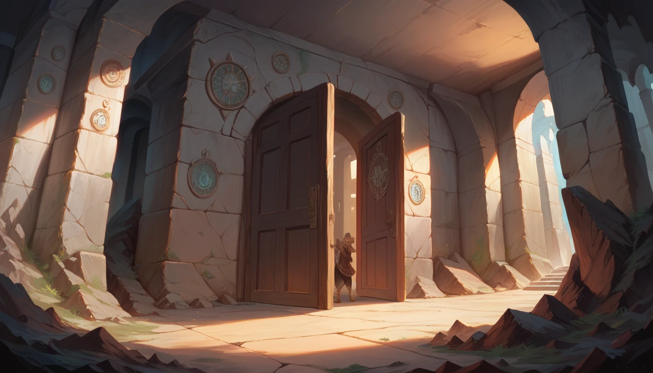 (best quality)), ((masterpiece)), (detailed), Caves with luminescent crystals, tunnels with minerals, a large rock door carved with geometric viking patterns, Mythological Dwarves, anime art style, HD, 4k