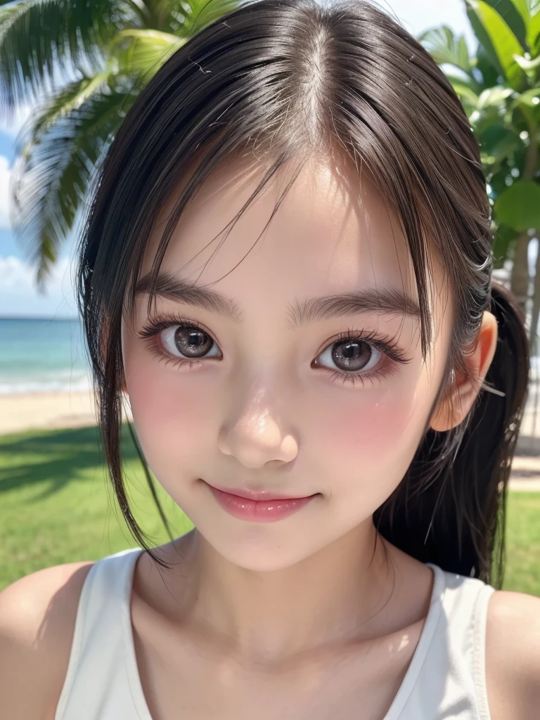One Girl，Very cute girl at 16 years old，Big eyes:0.5，The face is facing straight ahead，Body facing forward，Beautiful nose，Fuller lips，Short black hair，ponytail，Detailed eyelashes，Thin eyebrows，Symmetrical eyes，Face close-up，White swimsuit，Portrait，View Viewer, half smile:0.5,