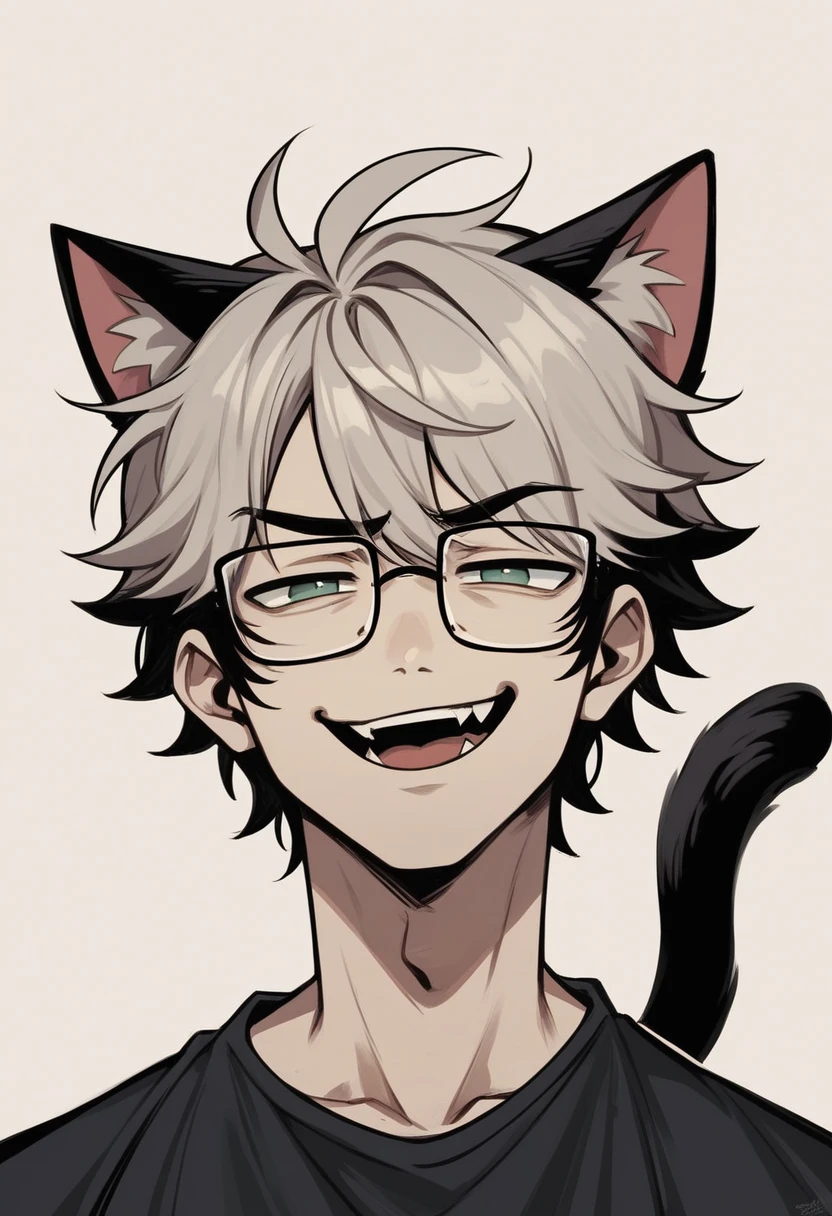 1 boy, male, smug face, cat ears, cat tail, cat outift, Ren Amamiya, glasses, smug pose, (masterpiece), best quality, expressive eyes, perfect face, smug, open mouth, Full Color, Detail, 8K, 4K, High Resolution, Symmetrical, Extraordinary, Best Aesthetics, black clothes