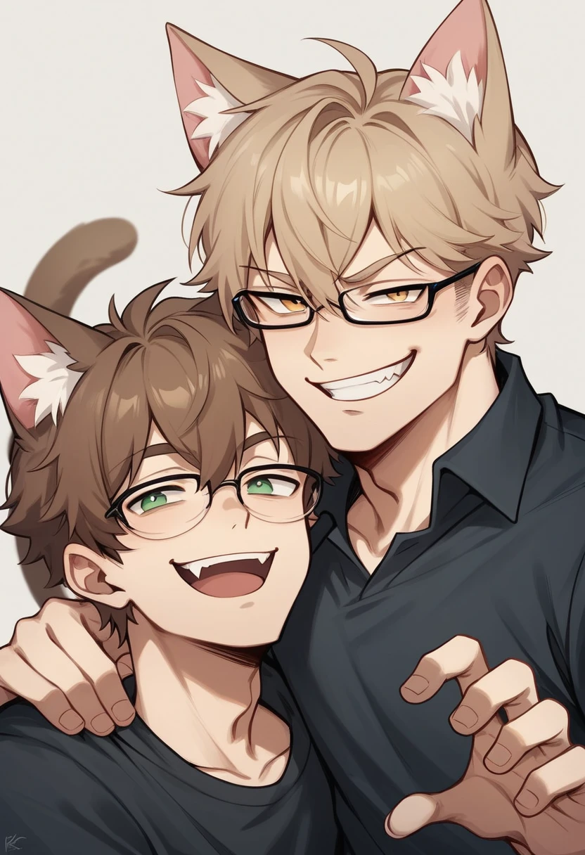 1 boy, male, smug face, cat ears, cat tail, cat outift, Ren Amamiya, glasses, smug pose, (masterpiece), best quality, expressive eyes, perfect face, smug, open mouth, Full Color, Detail, 8K, 4K, High Resolution, Symmetrical, Extraordinary, Best Aesthetics, black clothes