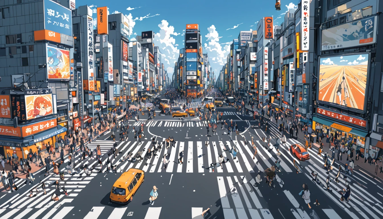 ((Anime: 1.4, Illustration)), (Masterpiece, Top Quality, Best Quality), (Ultra-Detailed, Absolutely Resolution), ((16k, HIGH RES)) (Shibuya Scramble Crossing, Anime Style, Blue Sky,), ( Anime: 1.4, Illustration)), (Masterpiece, Top Quality, Best Quality), (Ultra-Detailed, Absolutely Resolution). Ak {Lofi Art, Style of Laurie Greasley, Style of Makoto Shinkai, Anime Aesthetic}, BREAK {(Produces IMAGES WITH ITH INFORMATION THAN 40 Million Pixels with Cinematic-Like Detailed Textures S Hot on a Sony slur).}