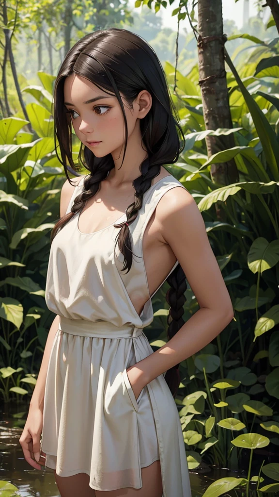 Candid, outdoor photograph featuring a woman with long, dark hair styled in two braids. She has fair skin and is wearing a white, sleeveless dress that is heavily soiled with mud and dirt. The background shows a lush, green, forested area with a body of water covered in green algae. The overall mood of the image is raw and natural, capturing the subject in a moment of interaction with the muddy environment.