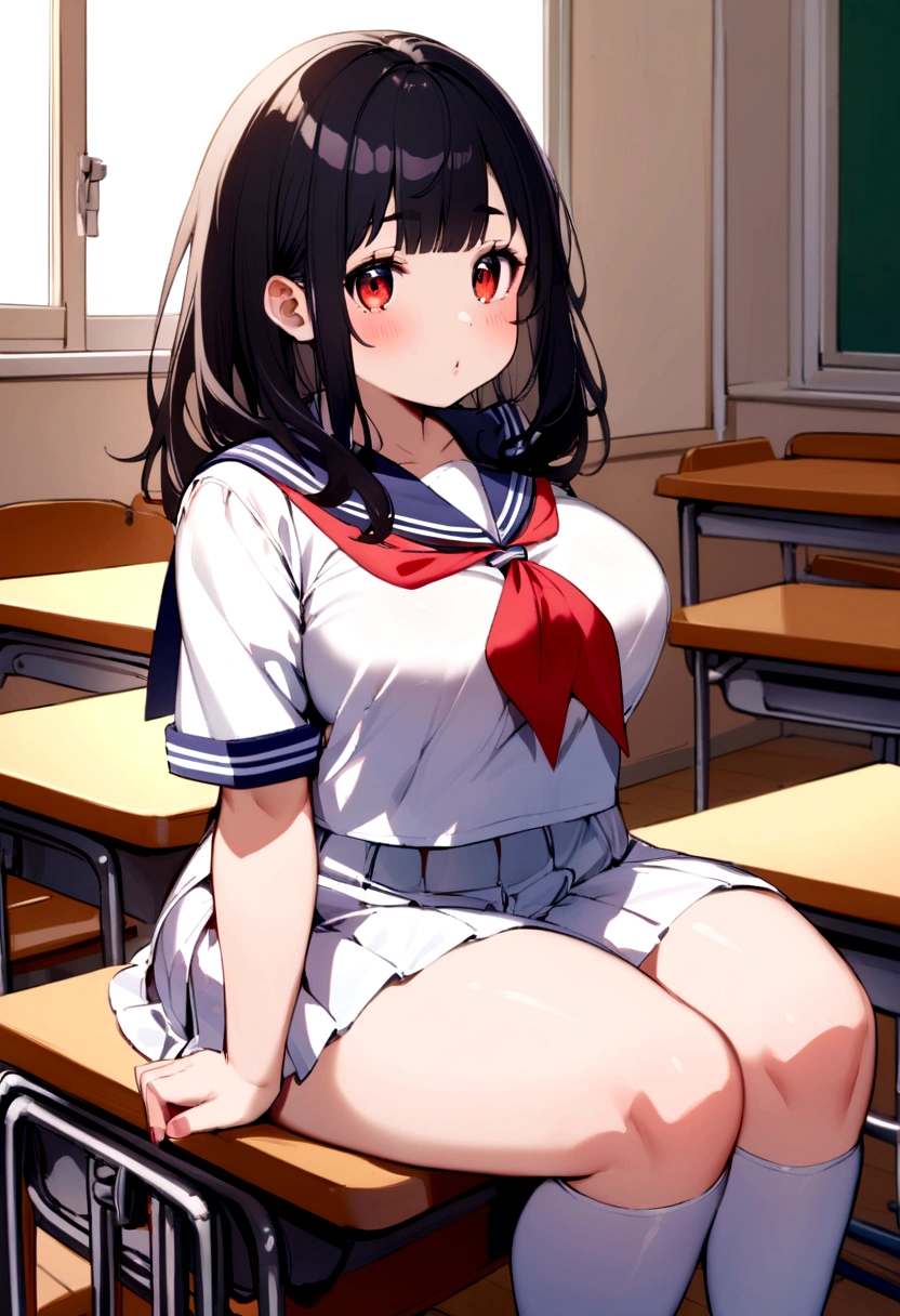 A cute chubby girl with black hair, red eyes, a light complexion wearing a sailor fuku and medium sized breasts sitting in a classroom 