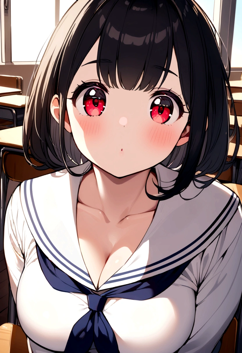 A cute chubby girl with black hair, red eyes, a light complexion wearing a sailor fuku and medium sized breasts sitting in a classroom 