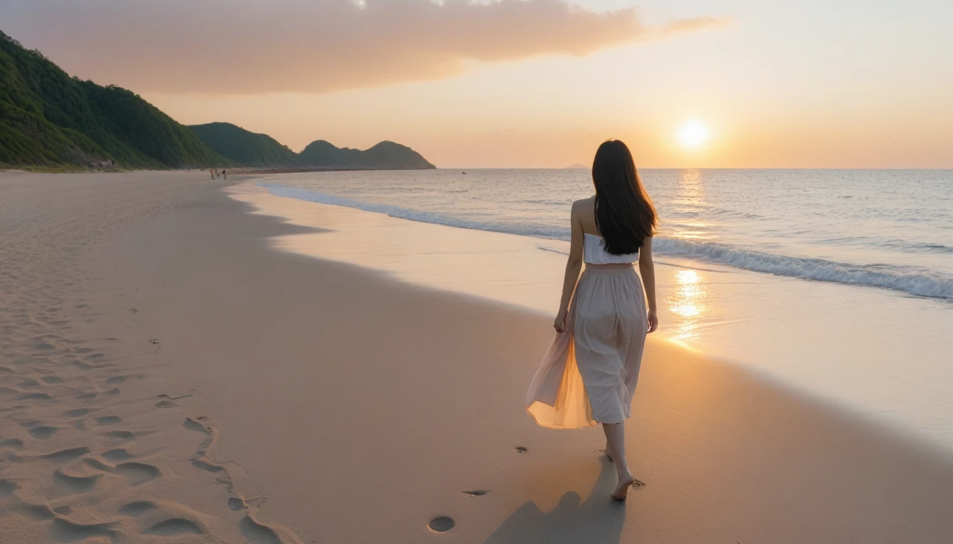 8K realistic lifelike photos, Realistic appearance of nature, , Woman walking along the beach at sunset. Walking in the distance with a wide angle lens , Back view of an Asian woman wearing a light skirt, burning sunset light, I see you walking far away, The cut head