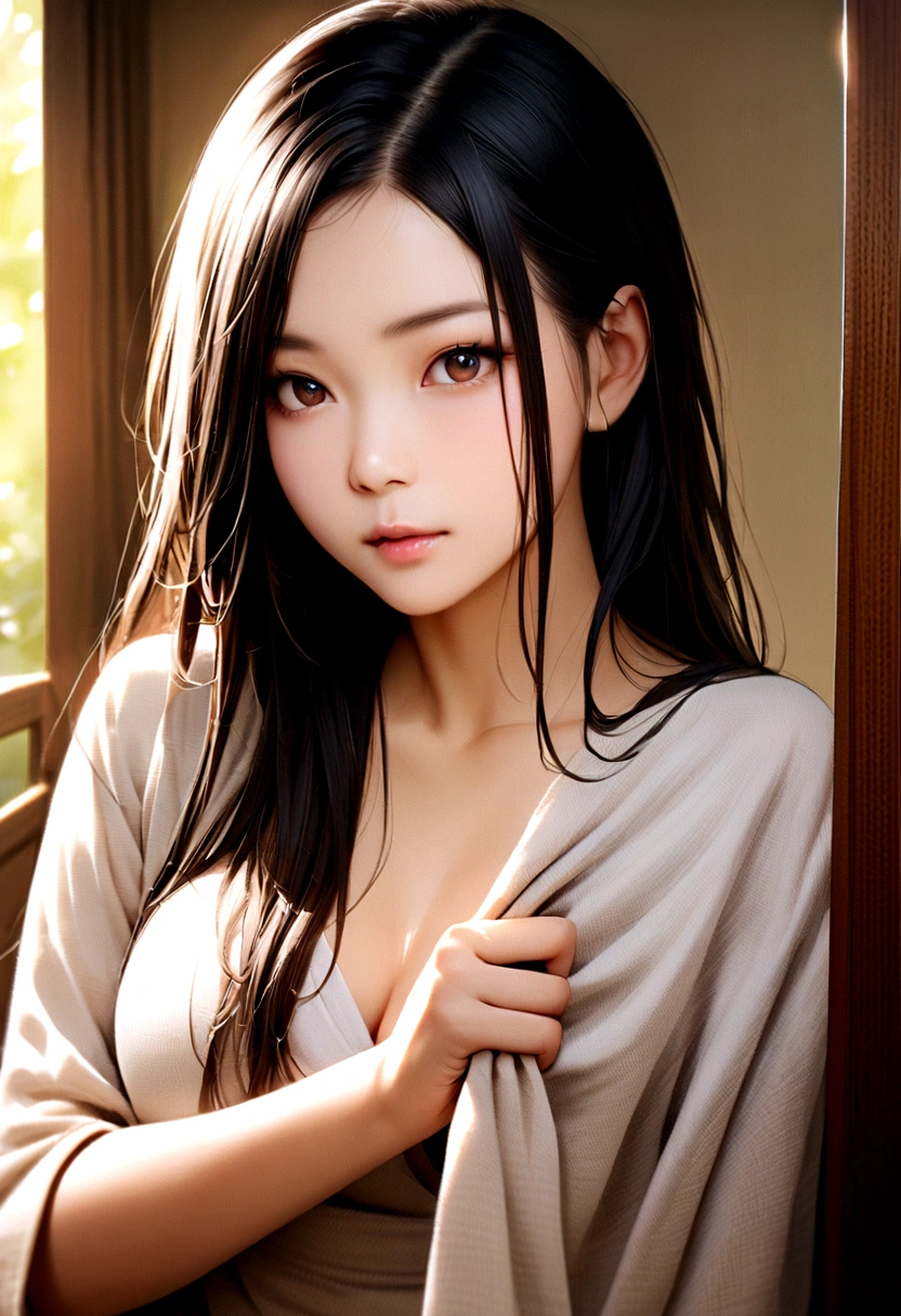 Asian girl with long black hair covering herself with a cloth coming out of the bathroom、Thin and smooth hair、Beautiful Hair、Realistic Women、Photo、