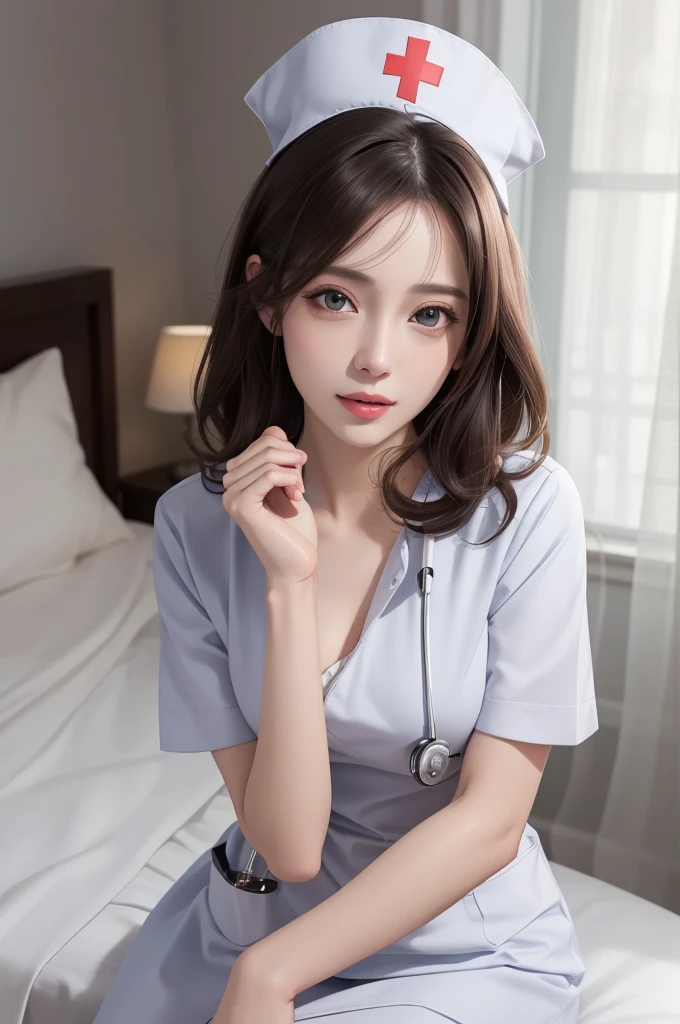 (masterpiece,ultra-detailed,best quality,8K,CG,illustration,shaved:1.0),(1girl:1) 、Dark Room、bedroom、Sexy gestures and faces、Sexy, jyojifuku,nurse